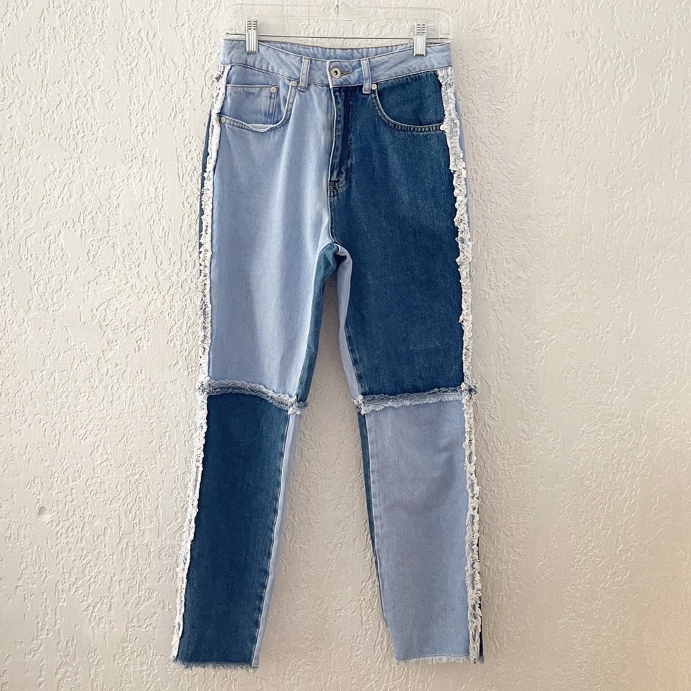 Ragged Priest Mom Jeans Pant High Equilibrium Patchwork Denim Tapered Indigo - Picture 5 of 14
